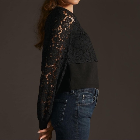 Anthropologie Maeve Lace Floral Black Top Blouse Sweatshirt small - Picture 9 of 16